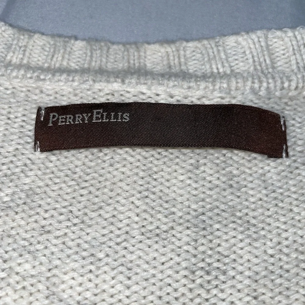 Perry Ellis Women‎ Fair Isle Crewneck Sweater Cotton Merino Wool Tan Cream Large